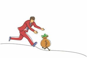 Single continuous line drawing businessman chasing money bag dollar run away. Concept of achieving goals and profits, striving for success, running for money. One line draw design vector illustration