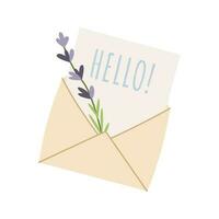 Open envelope with hand drawn lavender flowers. Vector illustration. Simple flat style.