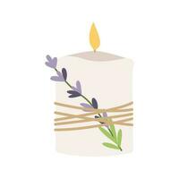 Candle with hand drawn lavender flowers. Vector illustration. Simple flat style.