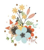 Flower with leaves, floral bouquet. Vector flowers. Spring art. Happy Easter, Woman Day element. Folk style. Posters for the spring holidays isolated on white background.