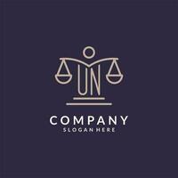 UN initials combined with the scales of justice icon, design inspiration for law firms in a modern and luxurious style vector