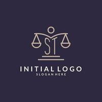 ST initials combined with the scales of justice icon, design inspiration for law firms in a modern and luxurious style vector