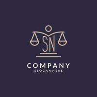sn iniciales conjunto con el escamas de justicia icono, diseño inspiración para ley empresas en un moderno y lujoso estilo vector