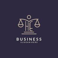 HE initials combined with the scales of justice icon, design inspiration for law firms in a modern and luxurious style vector