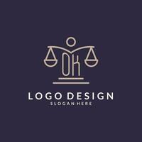Okay iniciales conjunto con el escamas de justicia icono, diseño inspiración para ley empresas en un moderno y lujoso estilo vector
