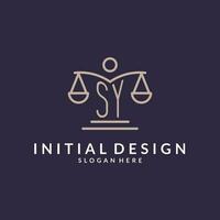 sy iniciales conjunto con el escamas de justicia icono, diseño inspiración para ley empresas en un moderno y lujoso estilo vector