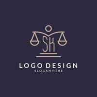 SK initials combined with the scales of justice icon, design inspiration for law firms in a modern and luxurious style vector