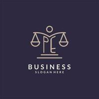 PE initials combined with the scales of justice icon, design inspiration for law firms in a modern and luxurious style vector