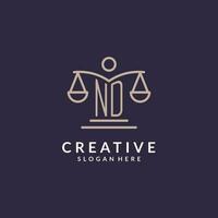 ND initials combined with the scales of justice icon, design inspiration for law firms in a modern and luxurious style vector