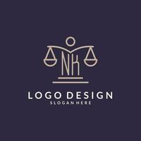 NK initials combined with the scales of justice icon, design inspiration for law firms in a modern and luxurious style vector