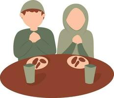 Muslim couple sitting at a table with Food. Vector illustration in flat style