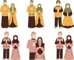 Set of Muslim men and women in traditional clothes. Vector illustration.