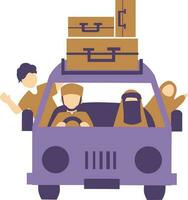 Vector illustration of a group of people driving a car with boxes on it. Family Traveling