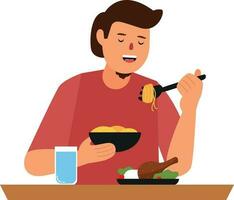 hombre comiendo tallarines con palillos a mesa. dibujos animados vector ilustración.