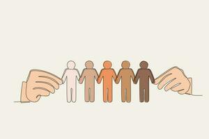 Colored illustration of a big hand holding a bunch of people vector