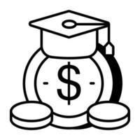 Mortarboard with dollar coins, linear design icon of educational grant vector