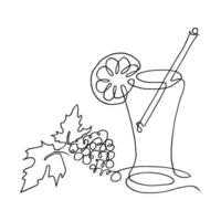 Glass of water with ice, cocktail, summer drink with a straw for drinking. Continuous one line drawing. exotic fruits. lineart vector illustration