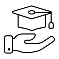 Mortboard on hand, academic care icon vector