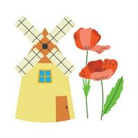 Mill, poppy flowers. Ukrainian symbols. vector