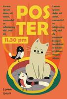 Poster, banner template design with cat and birds and text. Typography. vector