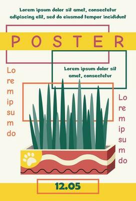 Poster, banner template design with grass in pot and text. Typography.