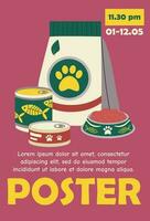 Poster, banner template design with canned food, a plate with fodder and text. Typography. vector