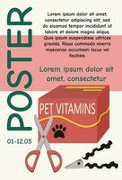 póster, bandera modelo diseño con mascota vitaminas, tijeras y texto. tipografía. vector