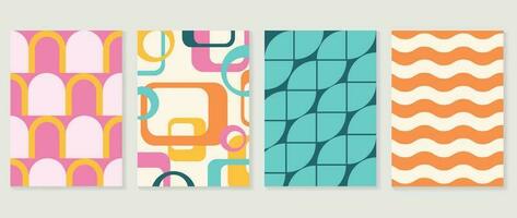 Retro geometric shapes cover background. Set of contemporary art wall decoration with square, curve, wave pattern. Geometric posters in trendy illustrated design for cover, banner, print, fabric. vector