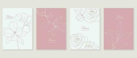 Minimal floral vector background cover. Plant hand drawn with copy space for text and line art flower and leaf branch in pastel colors. Botanical design suitable for banner, cover, invitation.