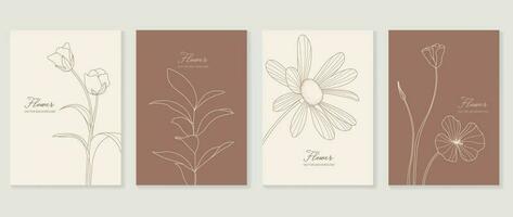 Minimal floral vector background cover. Plant hand drawn with copy space for text and line art flower and leaf branch in pastel colors. Botanical design suitable for banner, cover, invitation.