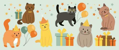 Happy birthday concept animal vector set. Collection of adorable pet, cat, balloon, gift. Birthday party funny animal character illustration for greeting card, invitation, kids, education, prints.
