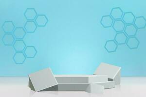 Podium platform display for showcasing promotions with hexagon shapes and cubes vector