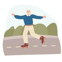 old man rollerblading in the park. Active old man. Extreme city sport, healthy lifestyle. Stock vector illustration in flat style.