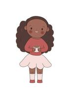 africano americano niña con taza og café. plano diseño. valores vector ilustración aislado en blanco antecedentes.