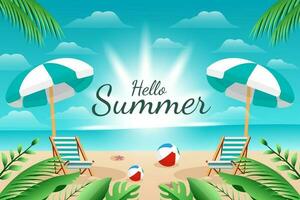 hello summer illustration sunny beach background design with umbrella, seat, balls, and leaves vector