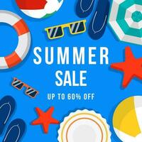 Summer sale banner illustration with slippers, star sea, buoy, ball, and hat vector