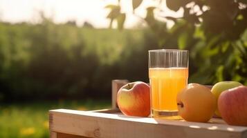 Apple juice in garden. Illustration photo