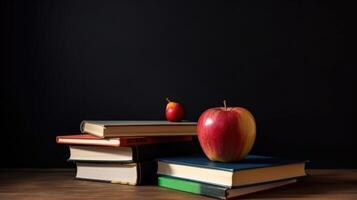 espalda a colegio antecedentes con libros y manzana. ilustración ai generativo foto