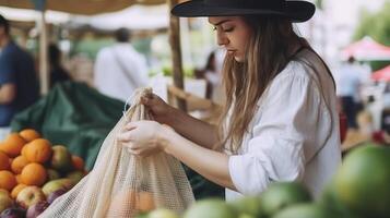 A woman chooses fruits and vegetables at a farmers' market. Illustration photo