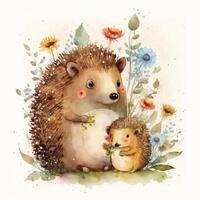 Cute little hedgehog with mom. Watercolor painting. Illustration photo