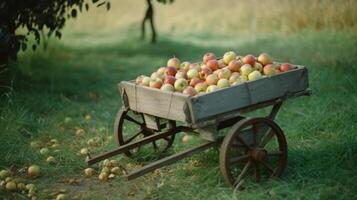 A handcart full af apples in garden. Illustration photo