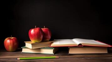 espalda a colegio antecedentes con libros y manzana. ilustración ai generativo foto