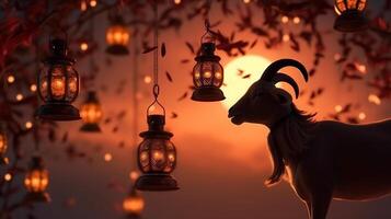 Eid al adha background with goat mosque with lanterns photo