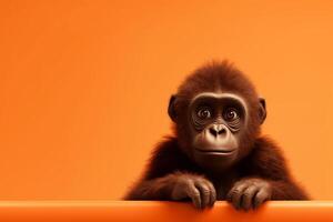 Gorilla sitting on orange background with copy space for text. photo