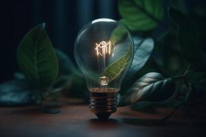 Glowing light bulb and green leaves on dark background. Idea concept photo