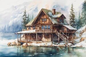 Watercolor painting of wooden house on the shore of lake. Winter landscape. photo