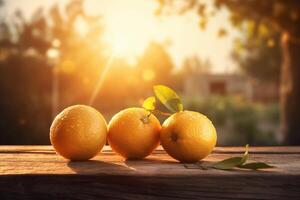Lemons on a wooden table in the garden. Selective focus. photo