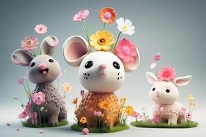 Easter bunny family with flowers in the meadow, 3d render photo