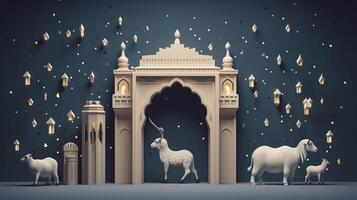 Eid al adha Ramadan background with arabic lanterns with mosque and sheep. photo