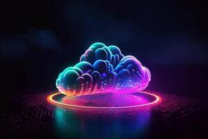 3d rendering of blue and pink cloud with neon lights on dark background photo